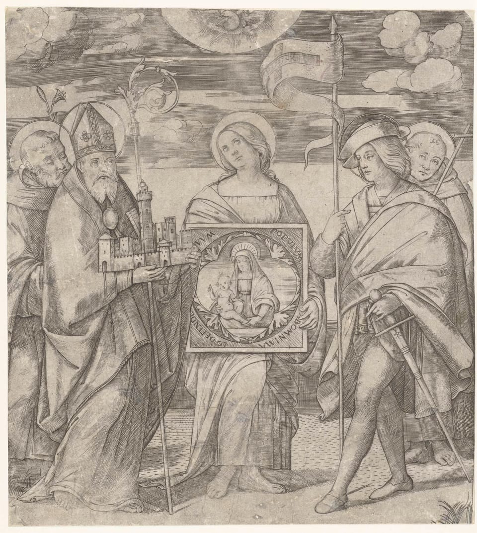 Renaissance engraving of five standing saints, the woman at the center holding a framed picture of the Madonna and Child