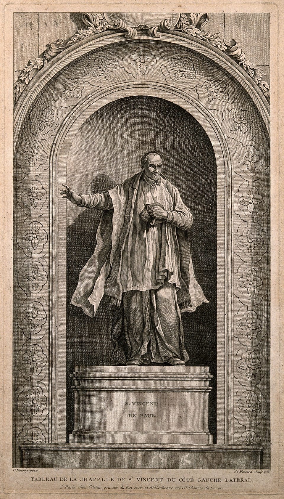 Eighteenth-century engraving of a standing statue of St. Vincent de Paul in an ornate arched niche